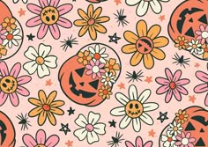 a pink background with flowers and jack - o'- lantern pumpkins on it