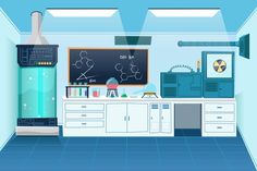 an illustration of a science lab with blackboard in the wall and cabinets on both sides