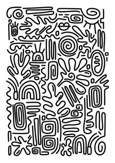 an abstract black and white drawing with lines in the shape of letters, shapes and numbers