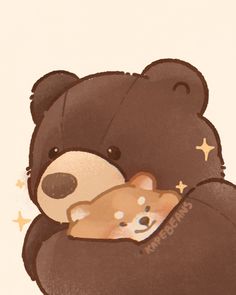 a brown teddy bear holding a baby in its arms with stars on the back ground