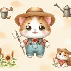 a cat with a hat and overalls standing next to a kitten holding a garden tool