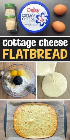 collage of cottage cheese flatbreads and eggs