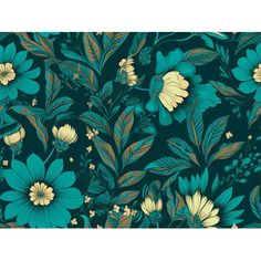 a blue and yellow floral wallpaper with green leaves