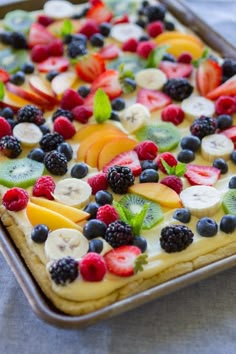 a pan filled with fresh fruit on top of a table