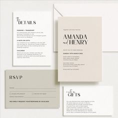 the wedding stationery is laid out on top of each other