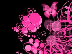 pink and black wallpaper with hearts, butterflies, and swirls on it's side