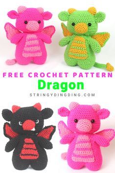 three crocheted stuffed animals with the text free crochet pattern dragon