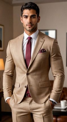 Elegant Beige Unstitched Suit For Formal Occasions, Bodybuilder Outfit, Tan Suit Men, Tan Suits, Brown Two Piece, Mens Wedding Suits, Custom Tailored Suits, Groom Suits, Two Piece Suits