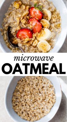 two bowls of oatmeal with strawberries and bananas