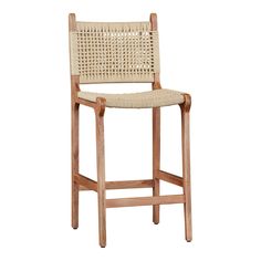 a wooden and wicker bar stool on a white background with the seat upholstered