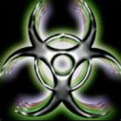 an image of a biohazard symbol in green and purple colors on a black background