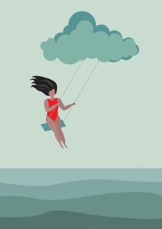 a woman in a red swimsuit is flying through the air on a parachute above the ocean