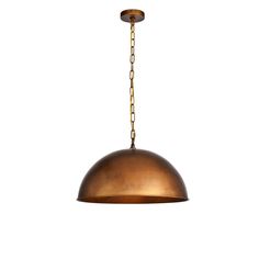 a brass colored pendant light hanging from a chain