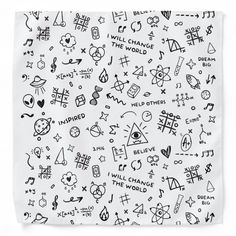 a white bandana with black and white doodles on the front, featuring various symbols