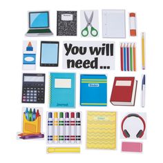 there are many school supplies on this white background with the words you will need written above them