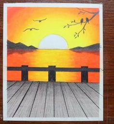 a painting of birds flying over the water at sunset on a wooden deck with a lake in the background