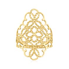 Ross-Simons - Italian 14kt Yellow Gold Filigree Ring Size 9. Glorious Italian filigree will never fall out of style! Our impressive ring is crafted from 14kt yellow gold with textured and polished finishes, creating this stunning openwork design. 1 1/8" wide. 14kt yellow gold filigree ring. Jewelry Presentation, Filigree Ring Gold, Fine Jewelery, Gold Filigree, Filigree Ring, Size 10 Rings, Womens Jewelry Rings, Yellow Gold Rings, Rings Statement