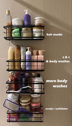 two shelves with different types of hair and body washes on them next to each other