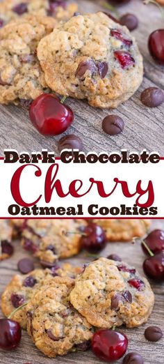 chocolate cherry oatmeal cookies with cherries on top and in the background