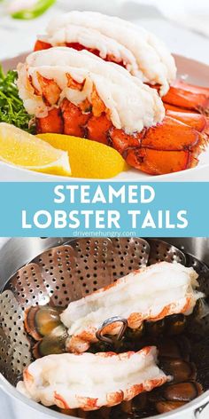 steamed lobster tails in a colander with lemon wedges and parsley