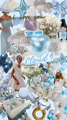 a collage of blue and white items including balloons, stars, flowers, and other things