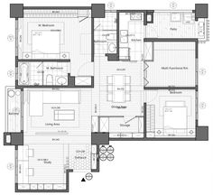 the floor plan for an apartment with two bedroom, one bathroom and three living areas