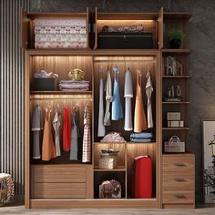 an open closet with clothes hanging on the shelves, and other items in front of it