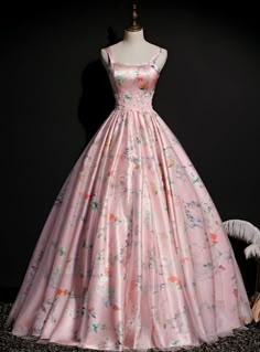 Get a Prom-Ready Look Pink Satin Ball Gown Print Straps Long Quinceanera Dress Satin Printed Dresses, Satin Princess Dress, Long Satin Gown, Princess Gowns, Printed Satin Dress, Vintage Ball Gowns, Pink Ball Gown, Satin Ball Gown