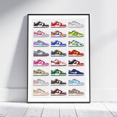 a framed poster with many different shoes on the front and back, hanging against a white wall