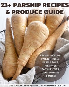 the recipe book for parsnip is on display in front of a basket