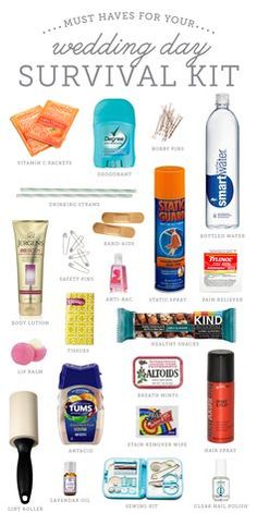 a poster with the words must haves for your wedding day survival kit on it