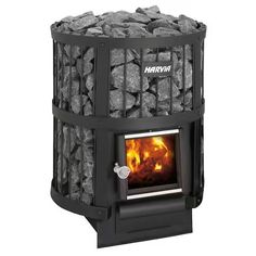 an open fire place with rocks in the front and side panels on the back,