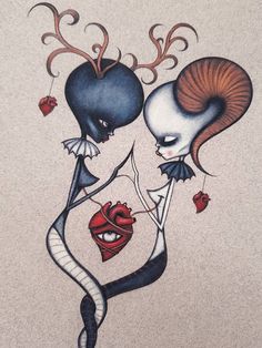 a drawing of two people with hearts and horns on their heads, one holding the other's head