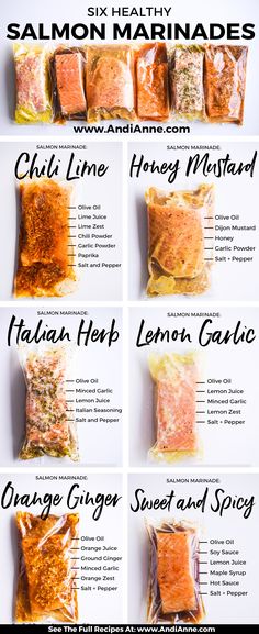 the ingredients for salmon marinades are shown in this poster