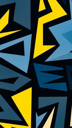 an abstract painting with blue, yellow and black shapes in the background that is very similar to what i have seen