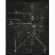 a black and white poster with lights on it's sides, in the shape of a subway map