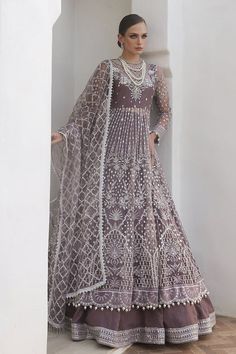 Pakistani Pishwas, Pishwas Pakistani, Purple Work, Tilla Embroidery, Net Sleeves, Eastern Wear, Mauve Purple