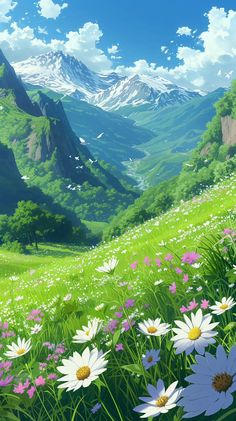 an anime landscape with mountains and flowers in the foreground, green grass on the far side