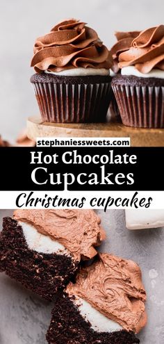 chocolate cupcakes with frosting on top and the words hot chocolate cupcakes christmas