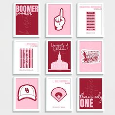 six red and white greeting cards with the names of different sports related items on them