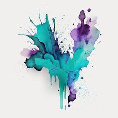 a blue and purple paint splattered on top of a white surface with watercolor stains