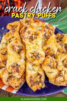 Crack Chicken Pastry Puffs - Great recipe for a quick lunch, dinner, or party appetizer. Only 5 ingredients and ready in under 30 minutes! Chicken, cheddar cheese, bacon, and ranch dressing baked in puff pastry. SO good! Can make ahead and freeze for later. We love to serve these with some coleslaw and extra ranch dressing for dipping. YUM! Chicken Pastry, Chicken And Pastry, Chicken Puffs, Football Friday, Puff Pastry Appetizers, Pastry Appetizer, Chicken Appetizers