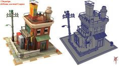 two different views of the same building and one is in blueprint or 3d printed