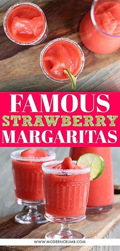 two glasses filled with strawberry margaritas on top of a wooden table