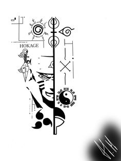 a black and white drawing of a man holding onto a pole with symbols on it