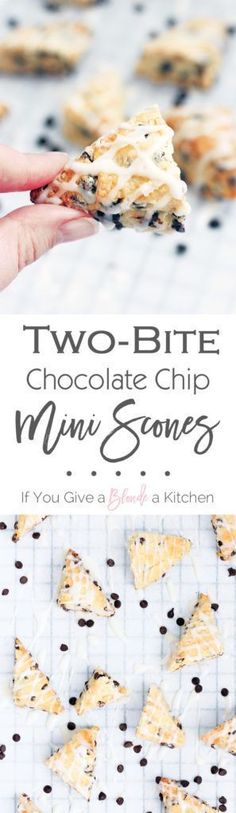 two bite chocolate chip mini scones on a cooling rack with text overlay that reads, two bite chocolate chip mini scones