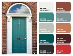 an exterior color scheme for a brick house with green door and white trimmings