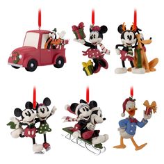 mickey mouse christmas ornament set with red truck and santa's helper