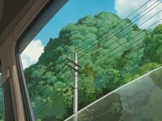 an anime scene looking out the window at trees and power lines from inside a vehicle