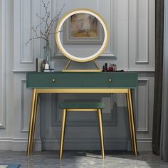 a dressing table with a mirror and stool